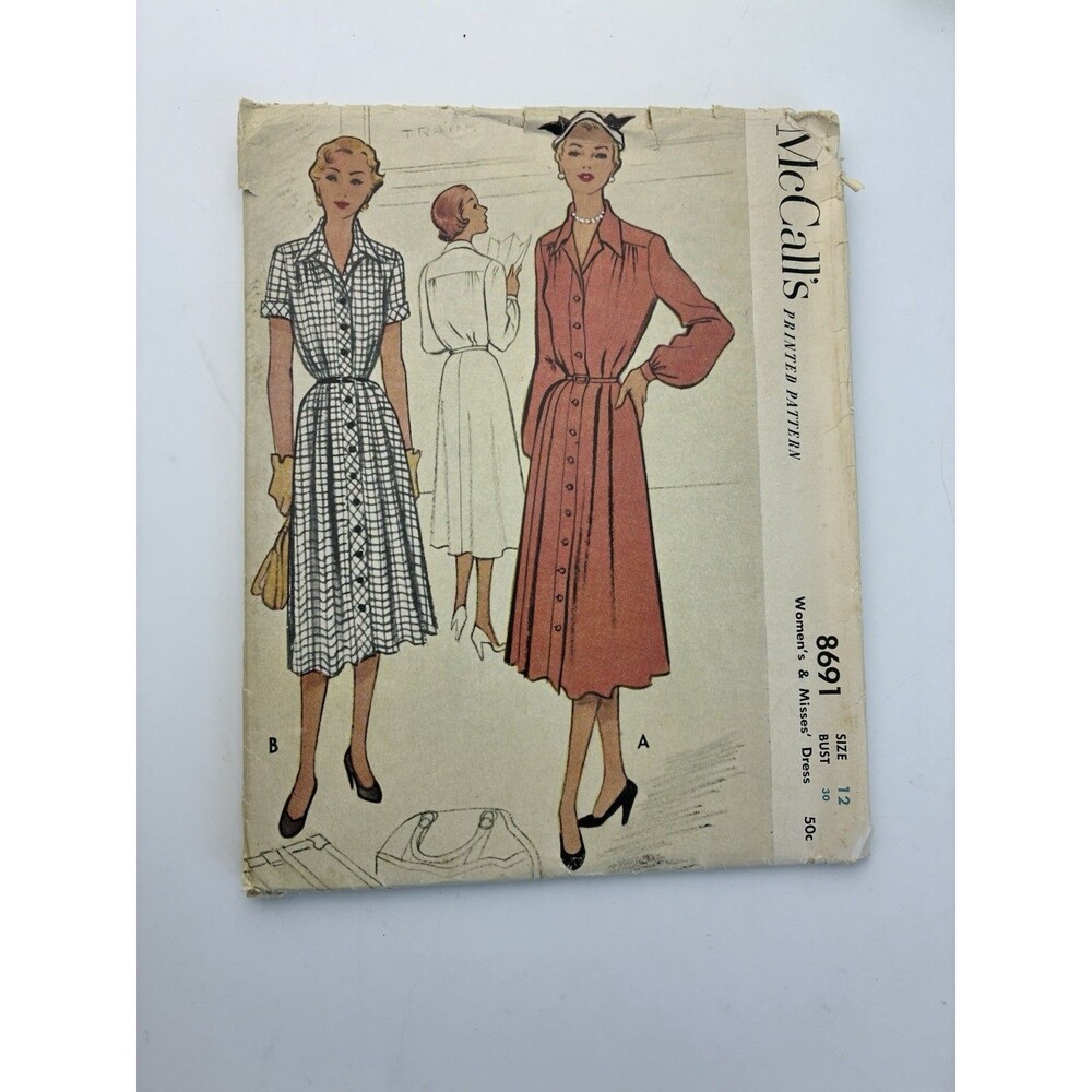 Shirtwaist Dress Buttons Swing Skirt Collar Uncut Pattern 8691 Size 12 Vtg 50s